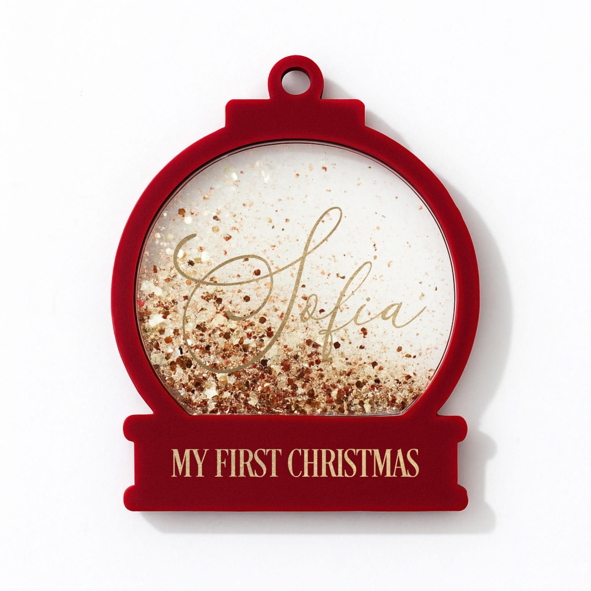 Personalised Glitter Snowglobe Bauble – Shaker Bauble - Baby’s First Christmas Ornament – Custom Name Glitter Keepsake Tree Decoration